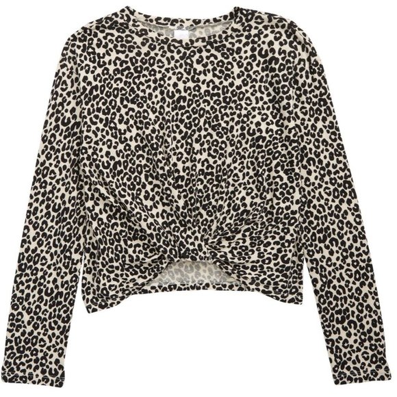 Nordstrom Girl's Twist Front Long Sleeve T-Shirt Beige Mosaic Leopard M 8/10 NWT - Picture 1 of 5